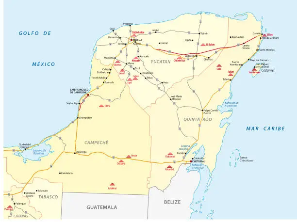 Vector illustration of Road map of Yucatan with the main maya ruins