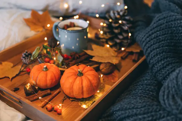 Glass of hot steaming tea and autumn plants on wooden table "n