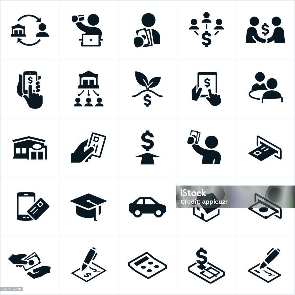 Banking and Finance Icons A set of banking and finance icons. The icons include online banking, lending, loans, money, mobile banking, loan approval, bank, credit union, credit card, ATM machine and other related icons. Icon Symbol stock vector