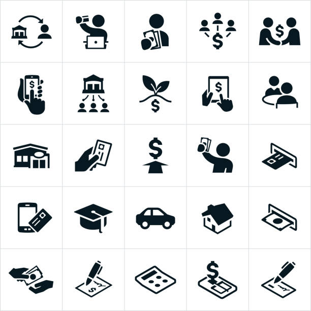 Banking and Finance Icons A set of banking and finance icons. The icons include online banking, lending, loans, money, mobile banking, loan approval, bank, credit union, credit card, ATM machine and other related icons. borrowing stock illustrations