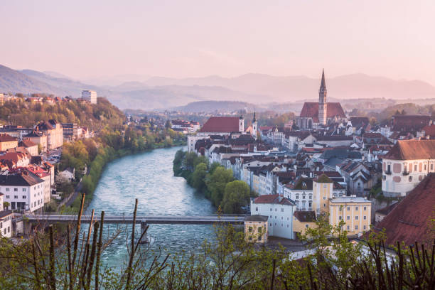 Panorama of Steyr at sunset stock photo