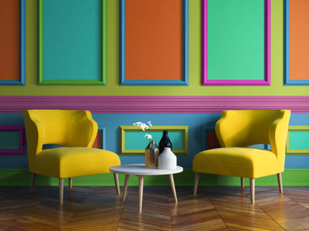 ilustración 3d de moderno diseño interior habitación - colorido fotografías e imágenes de stock