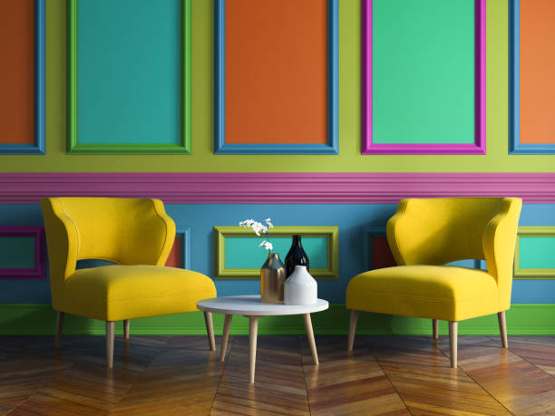 interior modern design room 3d illustration - polychromatic imagens e fotografias de stock