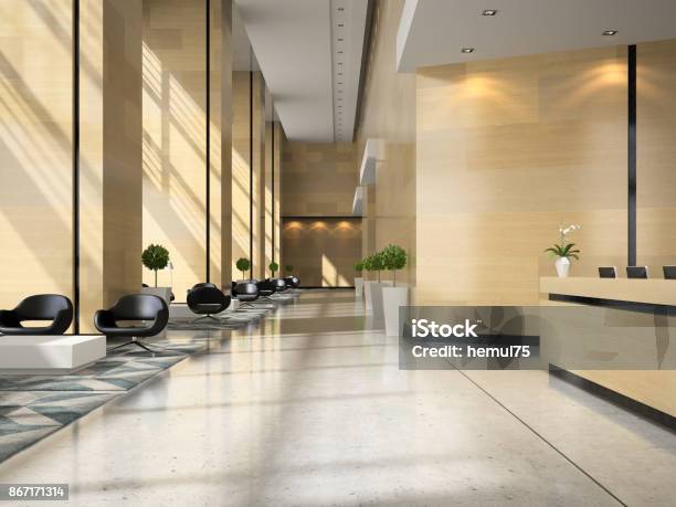 Interior Of A Hotel Reception 3d Illustration Stock Photo - Download Image Now - Hotel, Lobby, Office