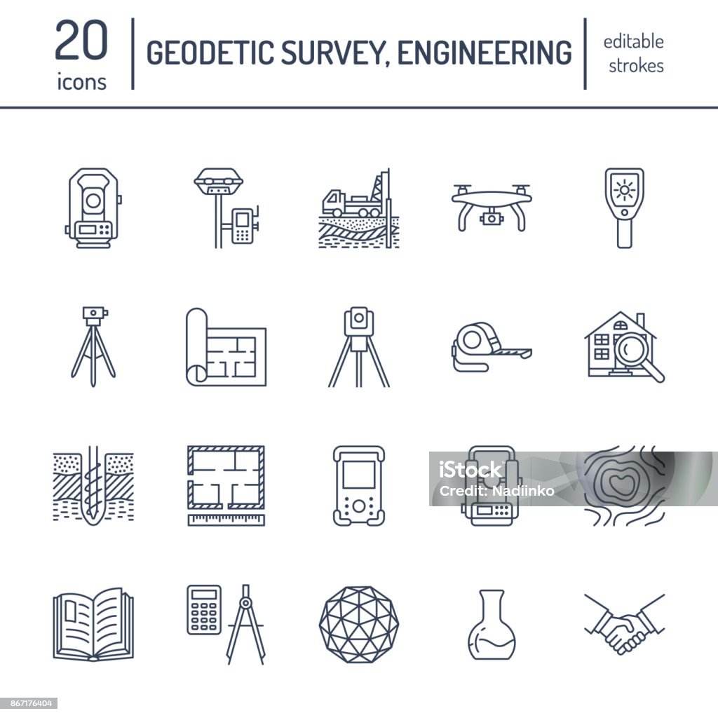 Geodetic survey engineering vector flat line icons. Geodesy equipment, tacheometer, theodolite, tripod. Geological research, building measurement inspection illustration. Construction service signs Geodetic survey engineering vector flat line icons. Geodesy equipment, tacheometer, theodolite, tripod. Geological research, building measurement inspection illustration. Construction service signs. Icon Symbol stock vector