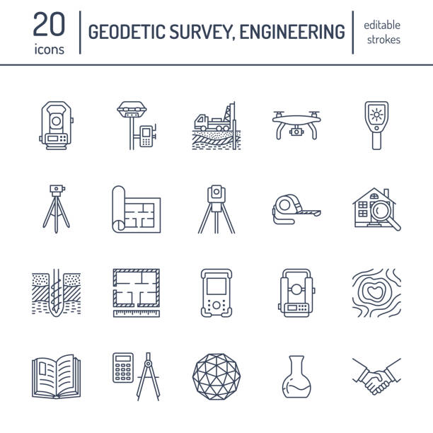 Geodetic survey engineering vector flat line icons. Geodesy equipment, tacheometer, theodolite, tripod. Geological research, building measurement inspection illustration. Construction service signs Geodetic survey engineering vector flat line icons. Geodesy equipment, tacheometer, theodolite, tripod. Geological research, building measurement inspection illustration. Construction service signs. geology stock illustrations