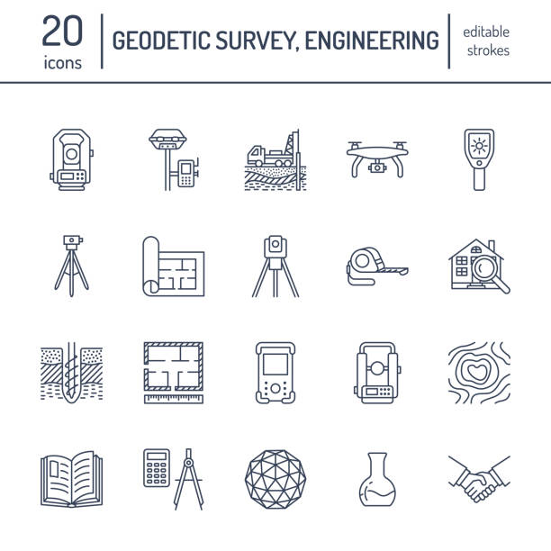 Geodetic survey engineering vector flat line icons. Geodesy equipment, tacheometer, theodolite, tripod. Geological research, building measurement inspection illustration. Construction service signs Geodetic survey engineering vector flat line icons. Geodesy equipment, tacheometer, theodolite, tripod. Geological research, building measurement inspection illustration. Construction service signs. tripod vector stock illustrations