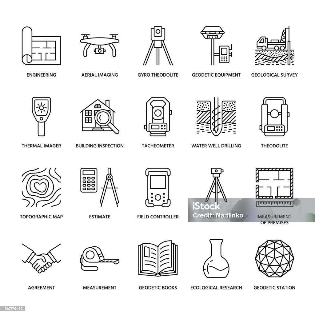 Geodetic survey engineering vector flat line icons. Geodesy equipment, tacheometer, theodolite, tripod. Geological research, building measurement inspection illustration. Construction service signs Geodetic survey engineering vector flat line icons. Geodesy equipment, tacheometer, theodolite, tripod. Geological research, building measurement inspection illustration. Construction service signs. Geodesic Dome stock vector
