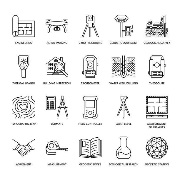 Geodetic survey engineering vector flat line icons. Geodesy equipment, tacheometer, theodolite, tripod. Geological research, building measurement inspection illustration. Construction service signs Geodetic survey engineering vector flat line icons. Geodesy equipment, tacheometer, theodolite, tripod. Geological research, building measurement inspection illustration. Construction service signs. tacheometer stock illustrations