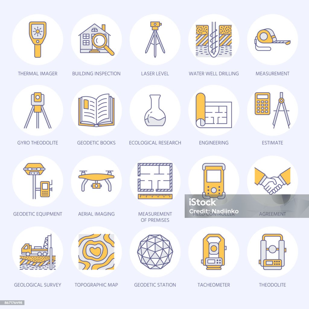 Geodetic survey engineering vector flat line colored icons. Geodesy equipment, tacheometer, tripod. Geological research, building measurement inspection illustration. Construction service signs Geodetic survey engineering vector flat line colored icons. Geodesy equipment, tacheometer, tripod. Geological research, building measurement inspection illustration. Construction service signs. Geodesic Dome stock vector