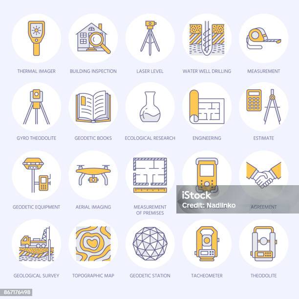 Geodetic Survey Engineering Vector Flat Line Colored Icons Geodesy Equipment Tacheometer Tripod Geological Research Building Measurement Inspection Illustration Construction Service Signs Stock Illustration - Download Image Now