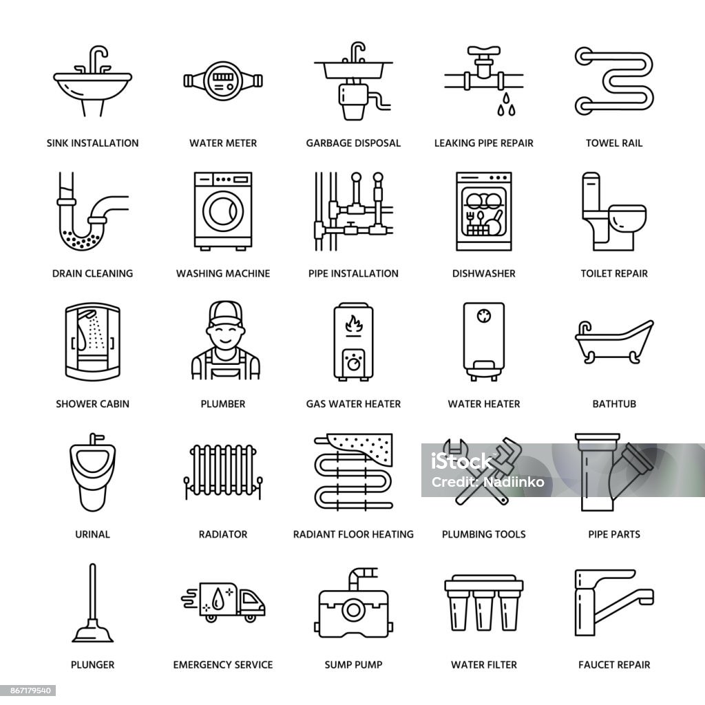 Plomeria servicio vector línea plana los iconos. Casa de equipamiento de baño, grifería, inodoro, tubería, lavadora, lavavajillas. Ilustración de reparación de fontanero, signos lineales finos para servicios de handyman - arte vectorial de Ícono libre de derechos