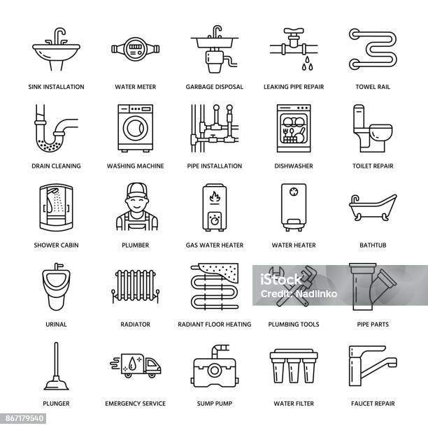 Ilustración de Plomeria Servicio Vector Línea Plana Los Iconos Casa De Equipamiento De Baño Grifería Inodoro Tubería Lavadora Lavavajillas Ilustración De Reparación De Fontanero Signos Lineales Finos Para Servicios De Handyman y más Vectores Libres de Derechos de Ícono