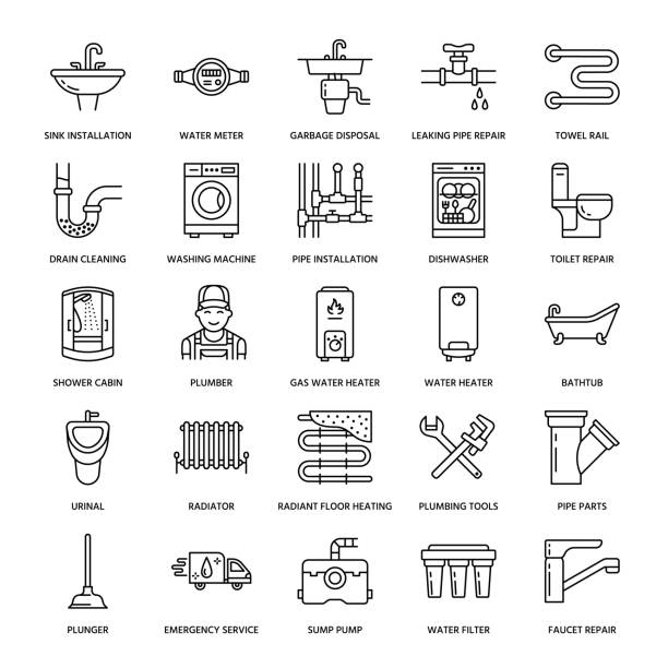 배관 서비스 벡터 플랫 라인 아이콘입니다. 집 목욕탕 장비, 수도 꼭지, 화장실, 파이프라인, 세탁기, 식기 세척기. 얇은 선형 징후 허드 렛 일꾼 서비스 배관공 수리 그림 - plumber stock illustrations