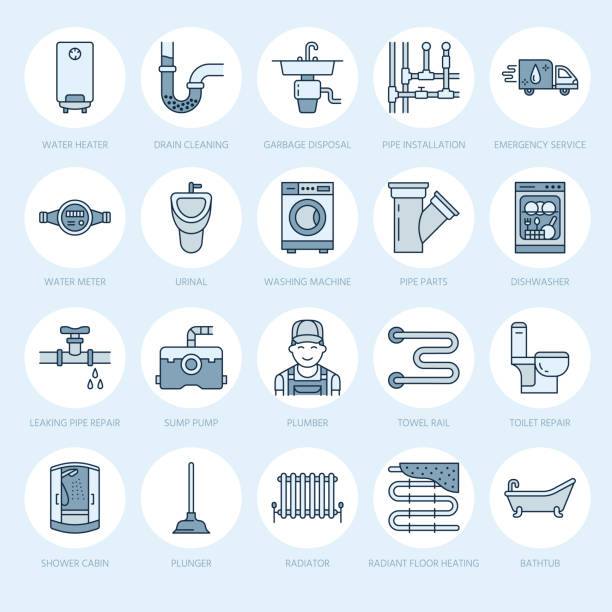 ilustrações de stock, clip art, desenhos animados e ícones de plumbing service vector flat line icons. house bathroom equipment, faucet, toilet, pipeline, washing machine, dishwasher. plumber repair illustration, thin linear signs for handyman services - water pipe sewer pipeline leaking