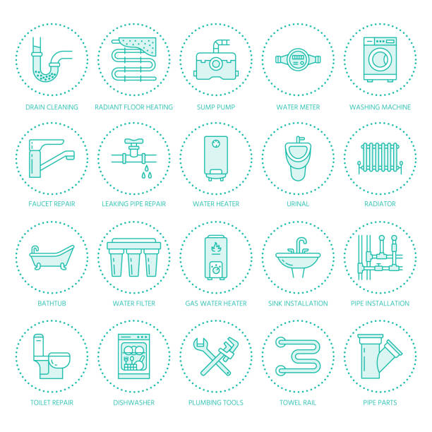 sanitär-service-vektor-flache linie-icons. haus ausstattung des bades, wasserhahn, toilette, pipeline, waschmaschine, geschirrspüler. klempner reparatur abbildung, dünne lineare zeichen für handwerker dienstleistungen - sink toilet bathtub installing stock-grafiken, -clipart, -cartoons und -symbole