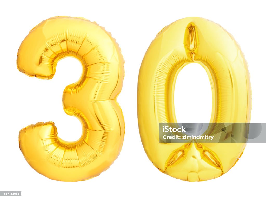 Golden number 30 thirty made of inflatable balloon Golden number 30 thirty made of inflatable balloon isolated on white background Number 30 Stock Photo