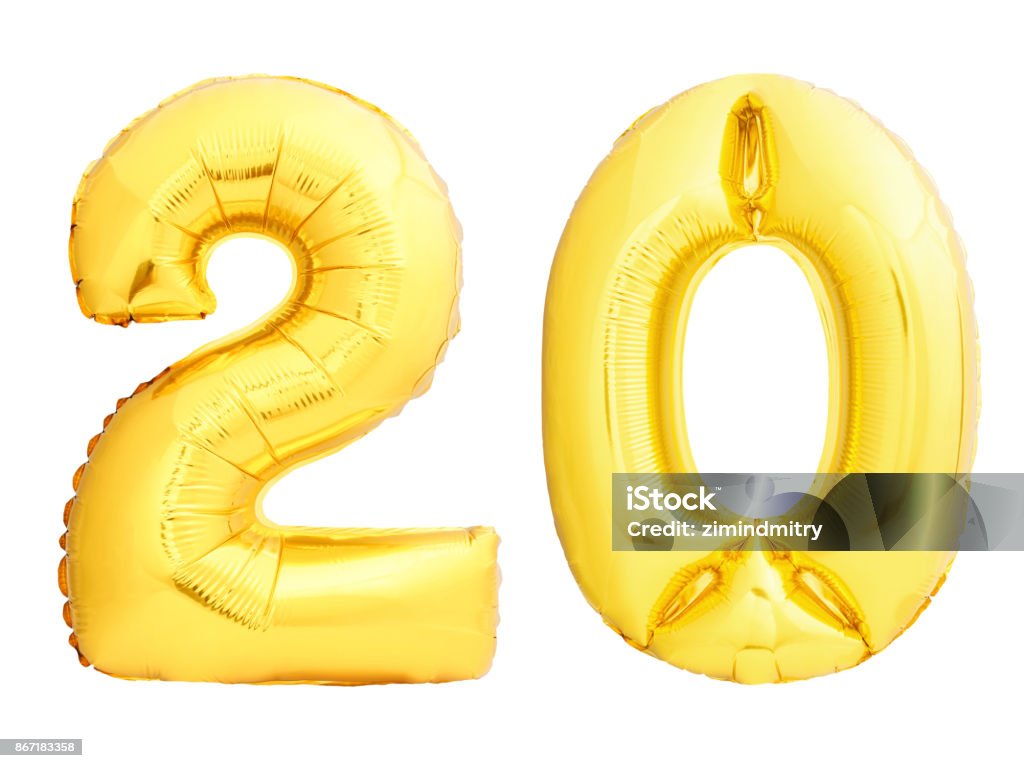 Golden number 20 twenty made of inflatable balloon Golden number 20 twenty made of inflatable balloon isolated on white background Number 20 Stock Photo