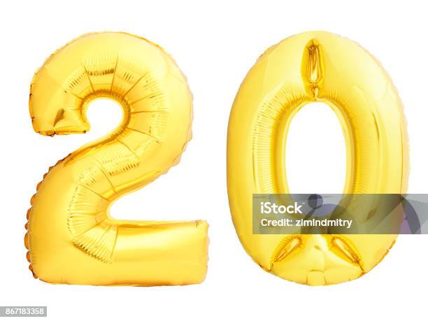 Golden Number 20 Twenty Made Of Inflatable Balloon Stock Photo - Download Image Now - Number 20, Balloon, Number