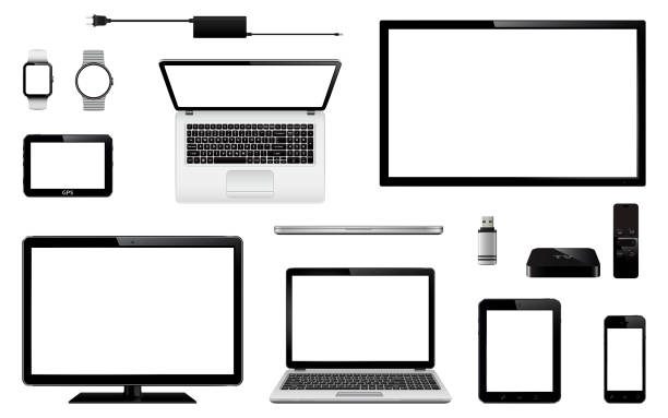 ilustrações, clipart, desenhos animados e ícones de conjunto de tv realista, monitor de computador, laptops, tablet, celular, relógio inteligente, unidade flash usb, dispositivo de sistema de navegação gps, receptor de tv caixa com controle remoto e adaptador de carregador - mobile office flash