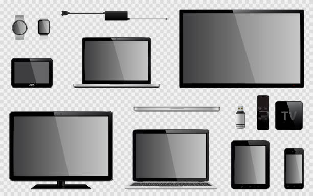 ilustrações, clipart, desenhos animados e ícones de conjunto de tv realista, monitor de computador, laptops, tablet, celular, relógio inteligente, unidade flash usb, dispositivo de sistema de navegação gps, receptor de tv caixa com controle remoto e adaptador de alimentação do carregador - mobile office flash