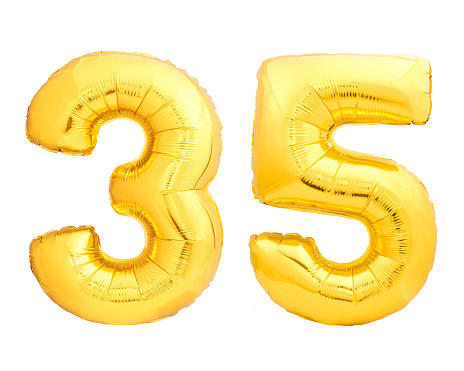 Golden number 35 thirty five of inflatable balloon isolated on white background