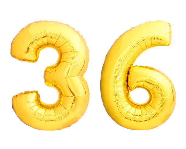 Golden number 36 thirty six made of inflatable balloon Golden number 36 thirty six of inflatable balloon isolated on white background number 36 stock pictures, royalty-free photos & images