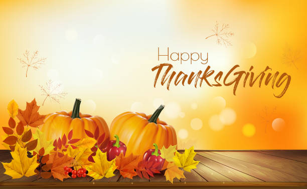 ilustrações de stock, clip art, desenhos animados e ícones de happy thanksgiving background with autumn vegetables and colorful leaves. vector. - vector thanksgiving fall holidays and celebrations