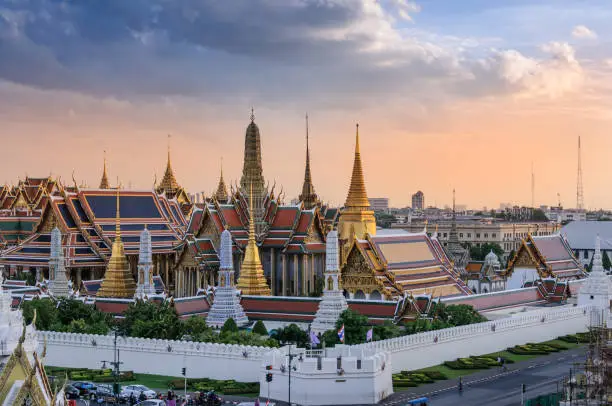 Grand Palace at sunset, Bangkok, Thailand. Roof top view from near building of there