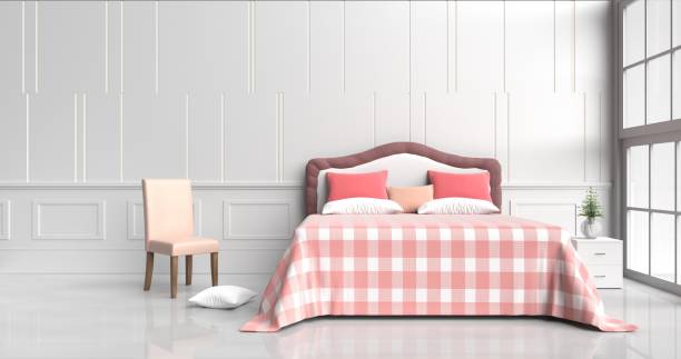 istock White bed room decorated with tree in glass vase, red pillows, white wood bedside table, table red-orange blanket, chair, Window, White cement wall it is pattern, white cement floor. 3d rendering. 867203570