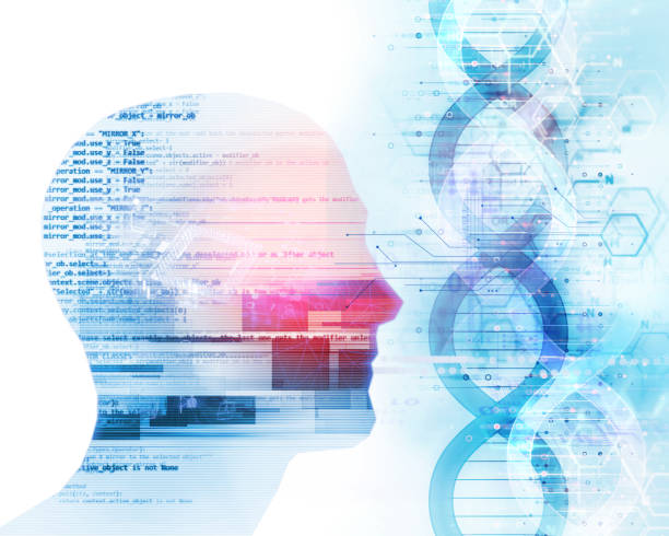 istock 3d illustration of human head on dna molecules  abstract technology background 867225434