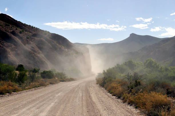 Dusty dirt road between hills under bright blue skies