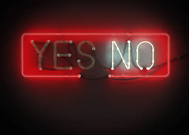 Yes or No sign made from neon alphabet on a black background. 3D illustration