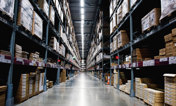 istock Products on inventory shelves storage 867238622