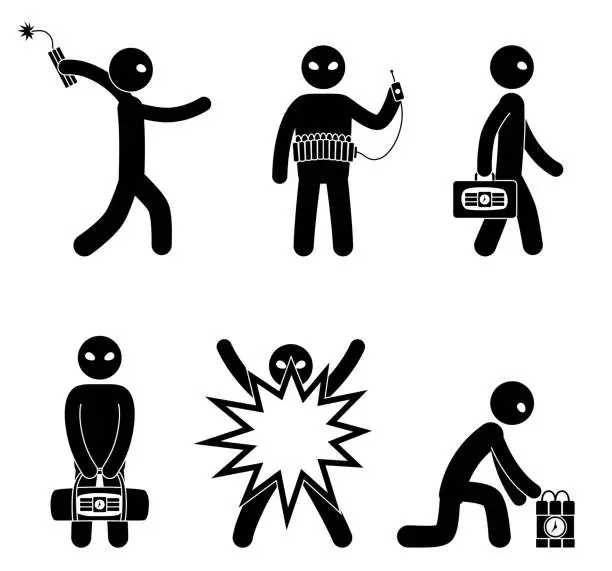 Vector illustration of Set of terrorists with bomb. Suicide bomber.