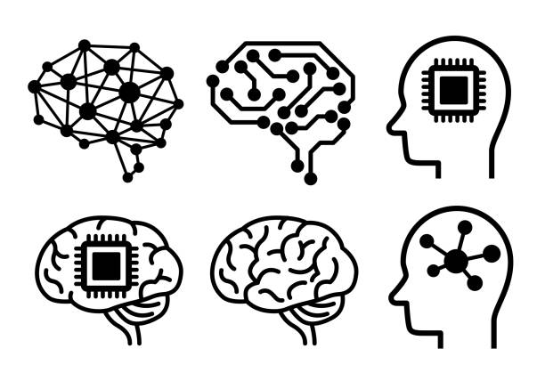 ilustraciones, imágenes clip art, dibujos animados e iconos de stock de conjunto de iconos de ai (inteligencia artificial). - cerebro humano