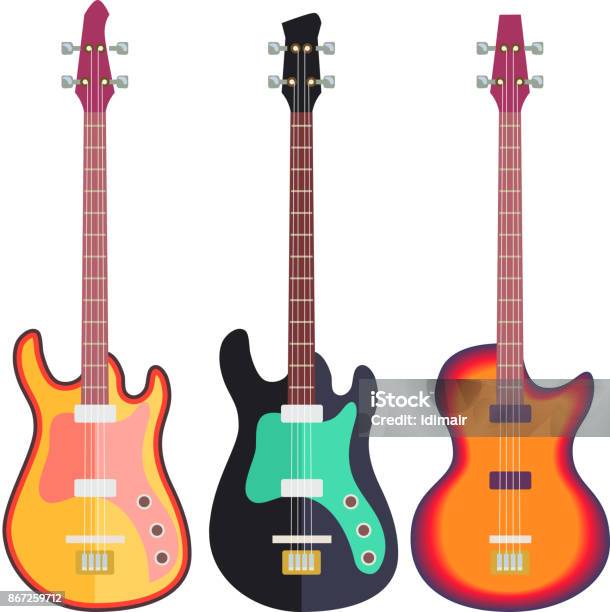 Three Electro Guitars Flat Design Isolated On White Background Vector Stock Illustration - Download Image Now