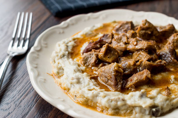 Turkish Food Hunkar Begendi made with Eggplant and Meat. Turkish Food Hunkar Begendi made with Eggplant and Meat. Traditional Food. hunkar begendi stock pictures, royalty-free photos & images