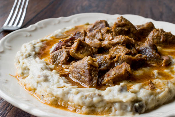 Turkish Food Hunkar Begendi made with Eggplant and Meat. Turkish Food Hunkar Begendi made with Eggplant and Meat. Traditional Food. hunkar begendi stock pictures, royalty-free photos & images
