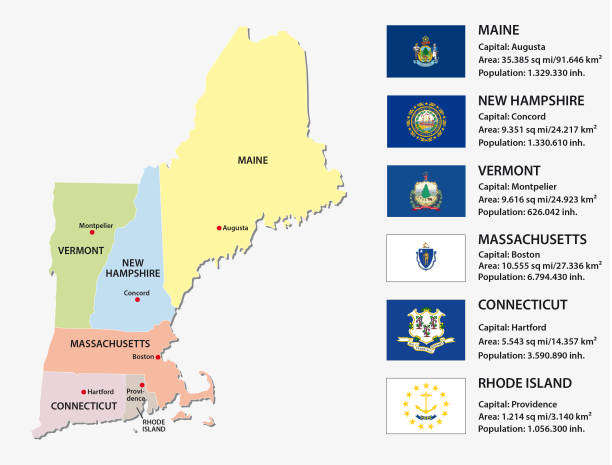 New england states map with flags New england states vector map with flags new england usa stock illustrations