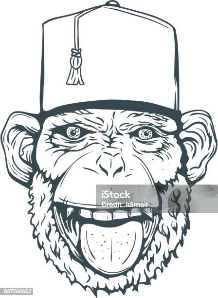 Hand Drawn Smiling Monkey With Fez For Tshirt Vector Stock Illustration - Download Image Now