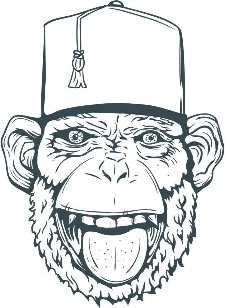 Vector illustration of Hand Drawn Smiling Monkey with Fez for t-shirt. Vector