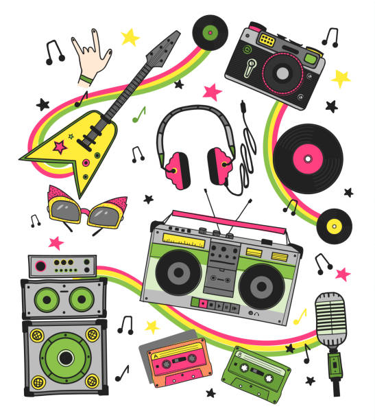istock Hand drawn set retro musical equipment. Record player, guitar, headphones, cassette, vinyl, microphone, camera 867274060