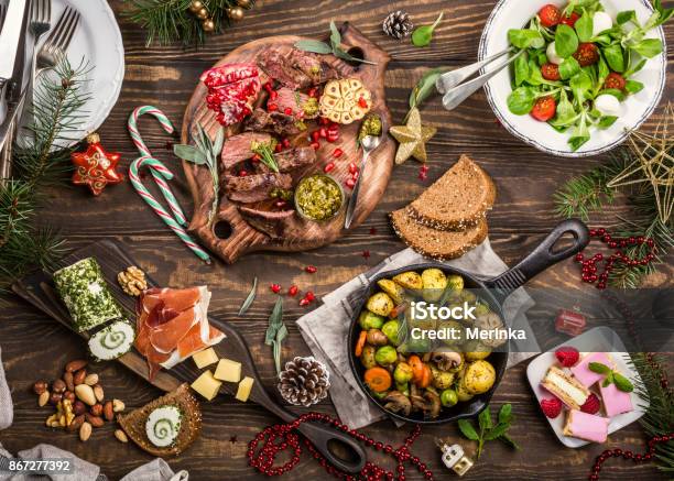 Christmas Themed Dinner Table Stock Photo - Download Image Now - Christmas, Food, Dinner