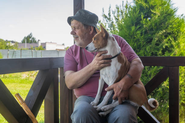 istock Happy senior man taking his lovely basenji dog and watching both while sitting on summer veranda 867280544