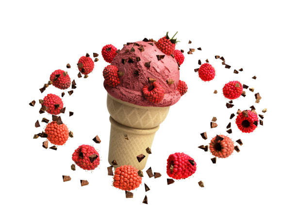 ice cream with raspberries and chocolate crumbs in a waffle cup 3d render on white no shadow