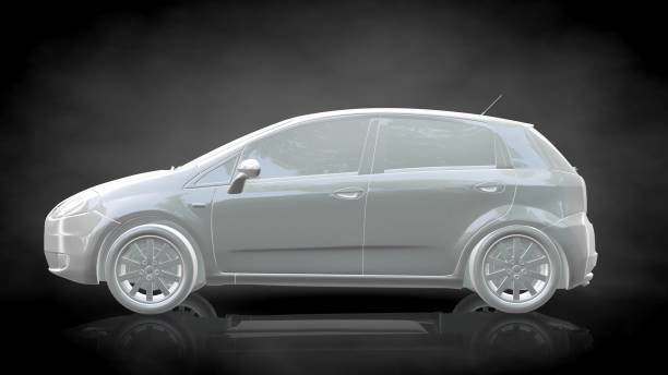 istock 3d rendering of a white reflective car on a dark black background 867287200