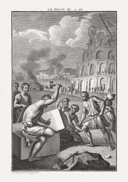 stockillustraties, clipart, cartoons en iconen met toren van babel (genesis 11), copperplate gravure, gepubliceerd rond 1850 afgebroken - toren van babel
