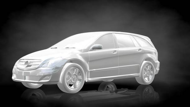 istock 3d rendering of a white reflective car on a dark black background 867287548