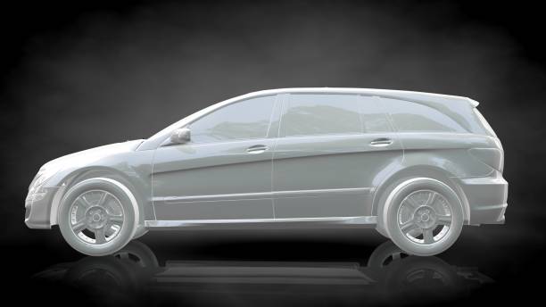 istock 3d rendering of a white reflective car on a dark black background 867287608